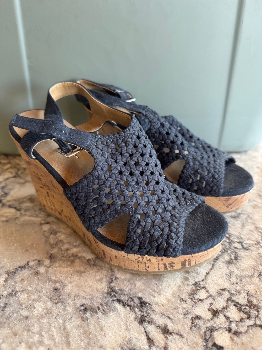 SO Black Woven Slingback Cork Wedge Sandals